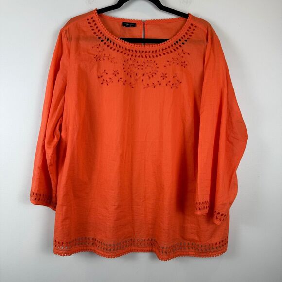 Talbots Tops - Talbots Top Womens 2X Orange Floral Eyelet 3/4 Sleeve Blouse Mature Cottage Work